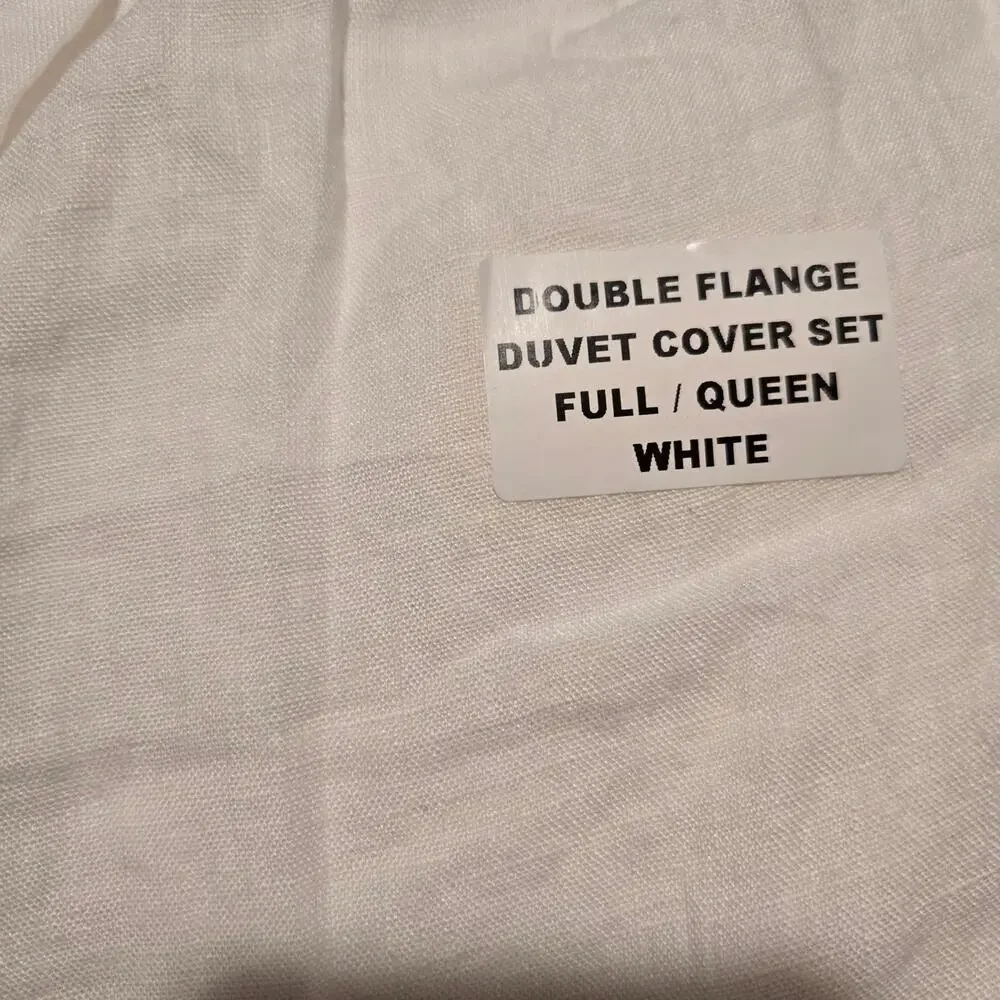 New Quince Linen Double Flange Duvet Cover Set Full Queen White 3pc 2 Shams